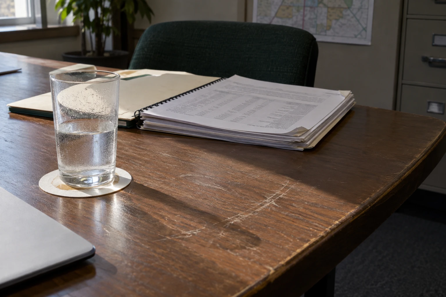 Bound draft plan and a file folder on a worn meeting table in a municipal utility service centre, the chair opposite empty