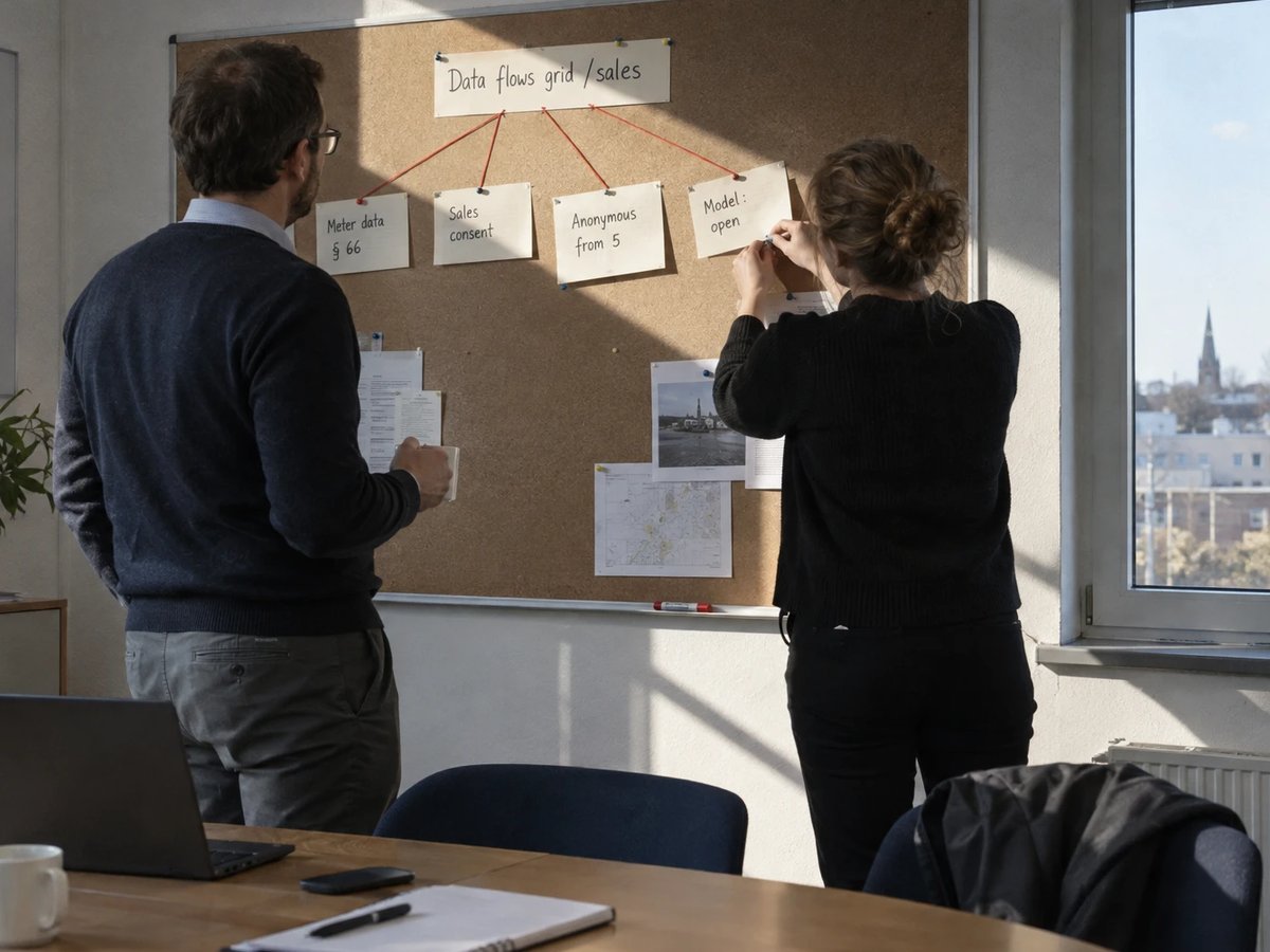 Two utility employees in front of a pinboard with index cards on data flows between grid operation and sales