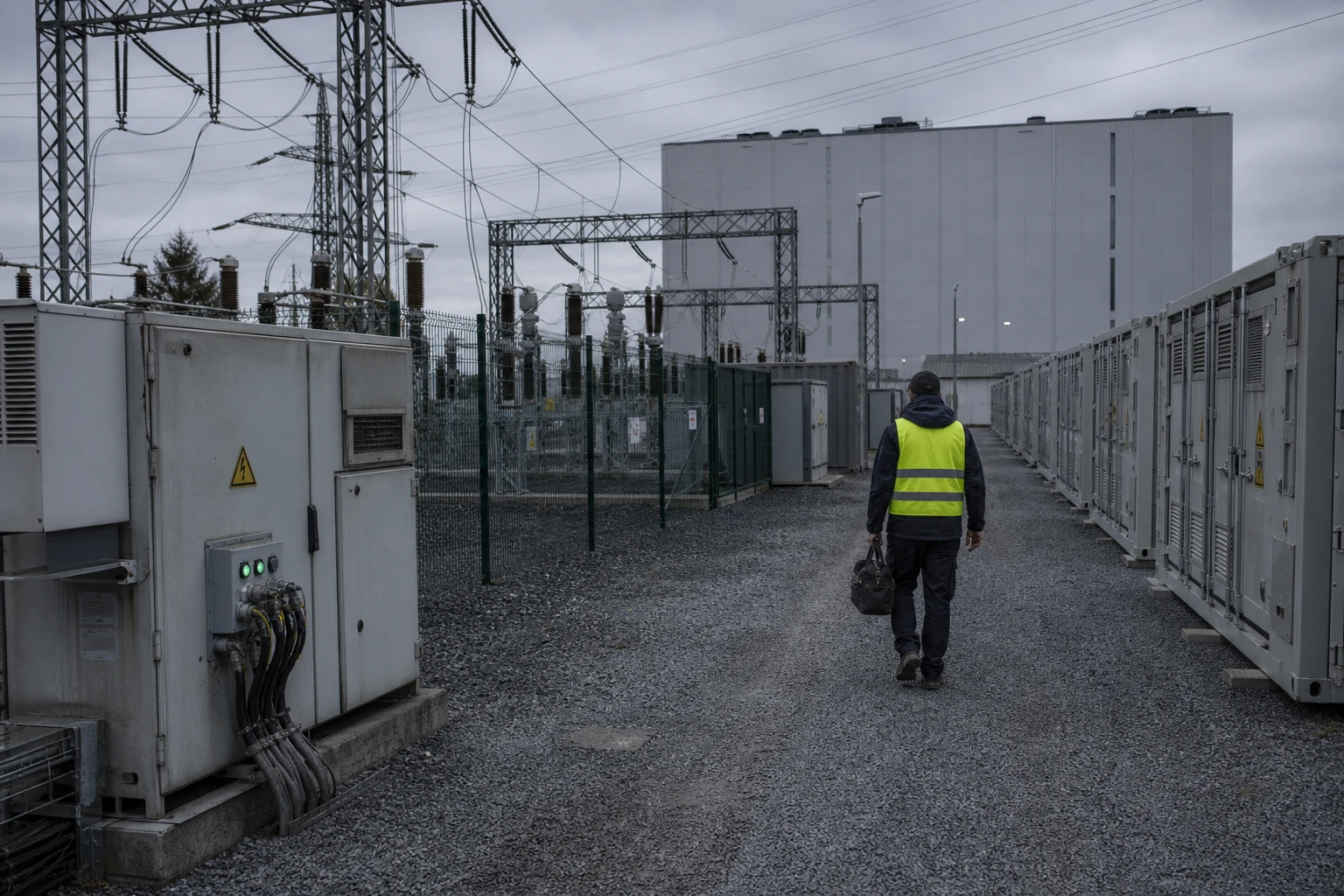 Rows of grey grid-scale battery storage containers beside a fenced high-voltage substation, with a large plain data-centre building behind on a grey day