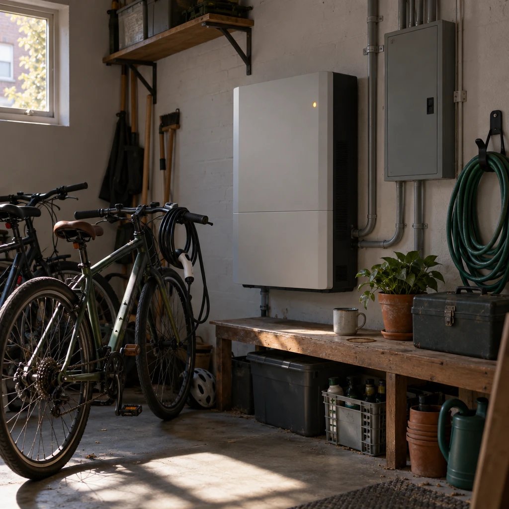 Home battery with an orange status light on the garage wall of a terraced house next to two bicycles