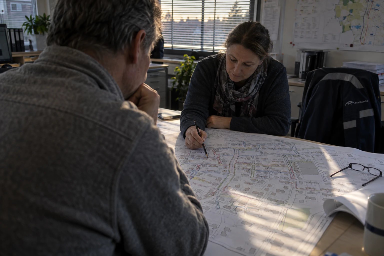 Two grid planners at a municipal utility leaning over a printed low-voltage network map of a housing area