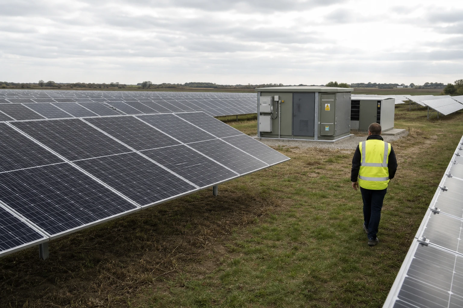 Ground-mounted solar park on flat farmland with long rows of panels and a small inverter station, a technician in a hi-vis vest