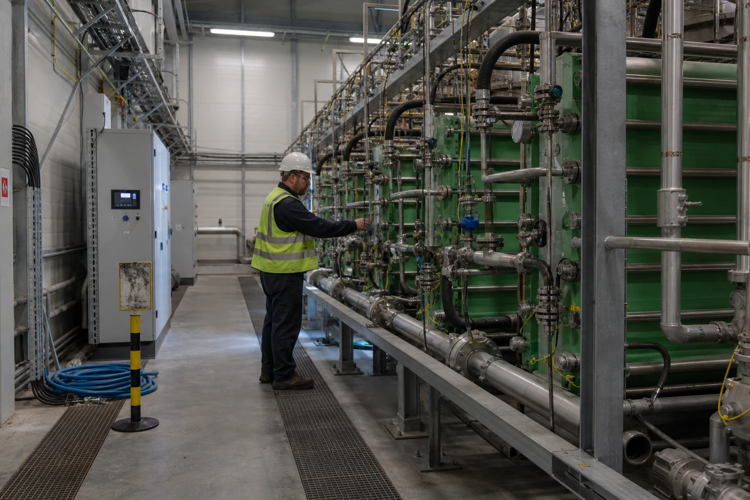 A technician checking a valve on green electrolyser stacks and steel piping in an industrial hall