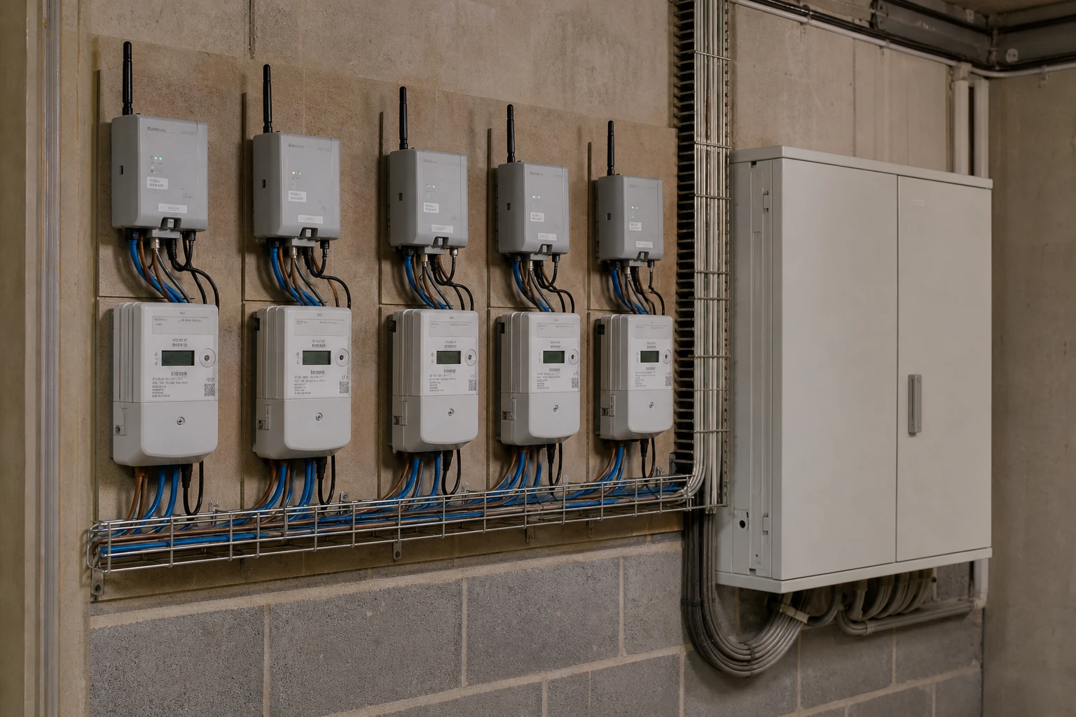 Wall installation with several smart meter gateways and meters in a building utility room