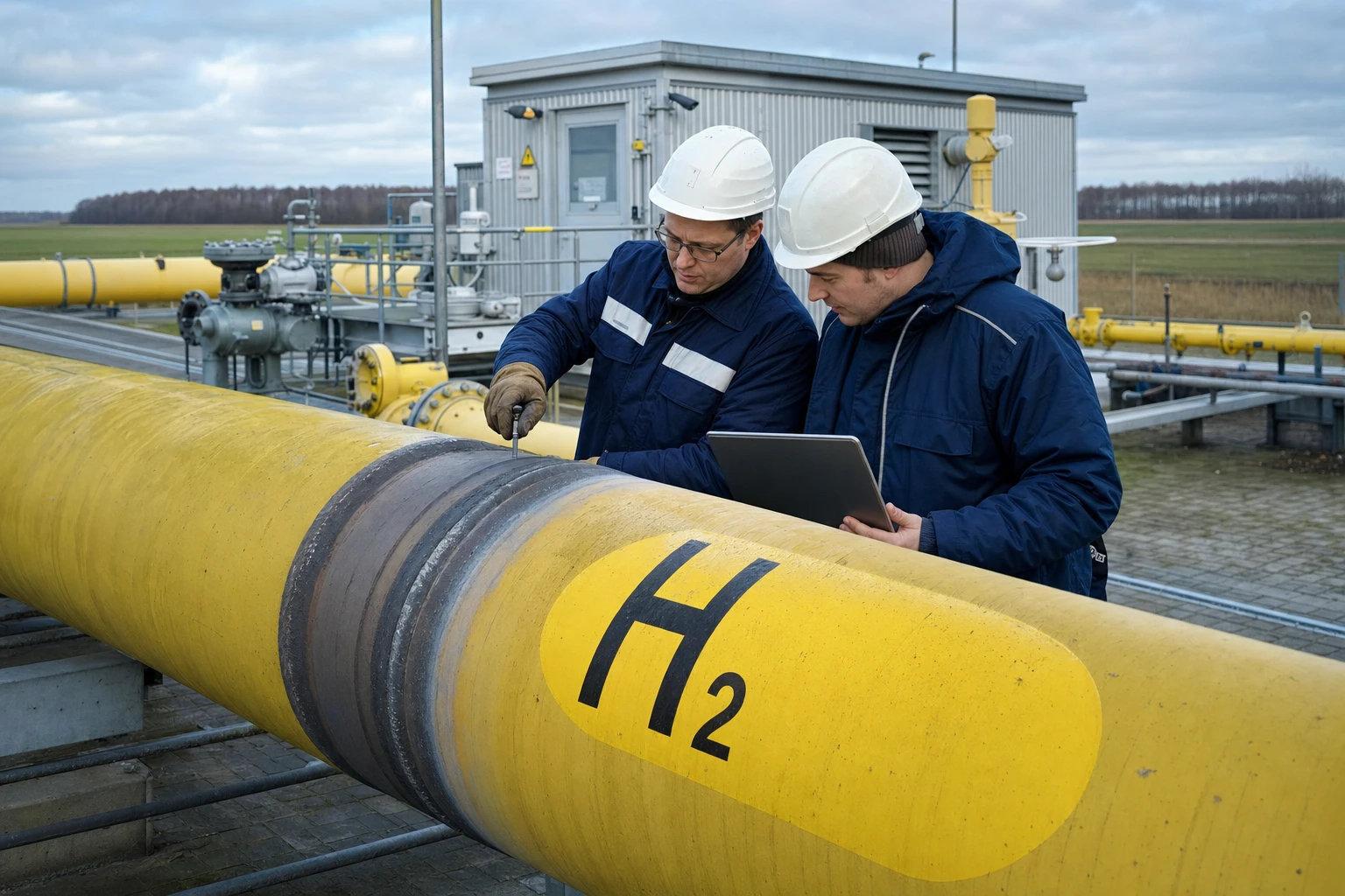 Two pipeline engineers at a yellow hydrogen transmission pipeline by a metering and valve station