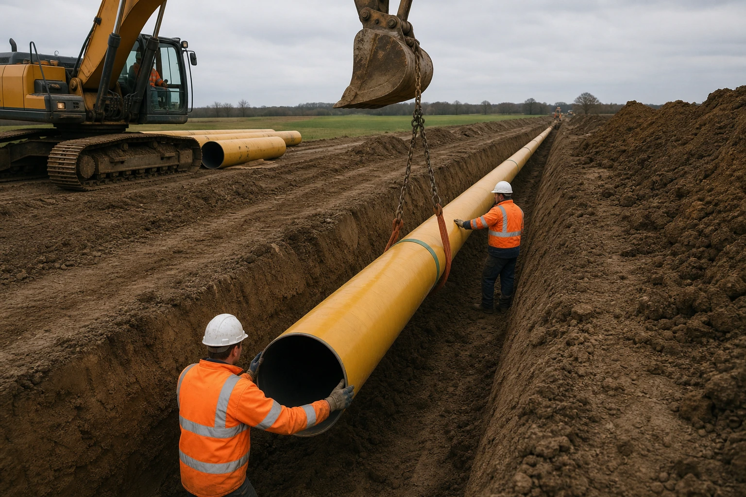 A hydrogen pipeline construction site with a coated yellow steel pipe being lowered into an open trench