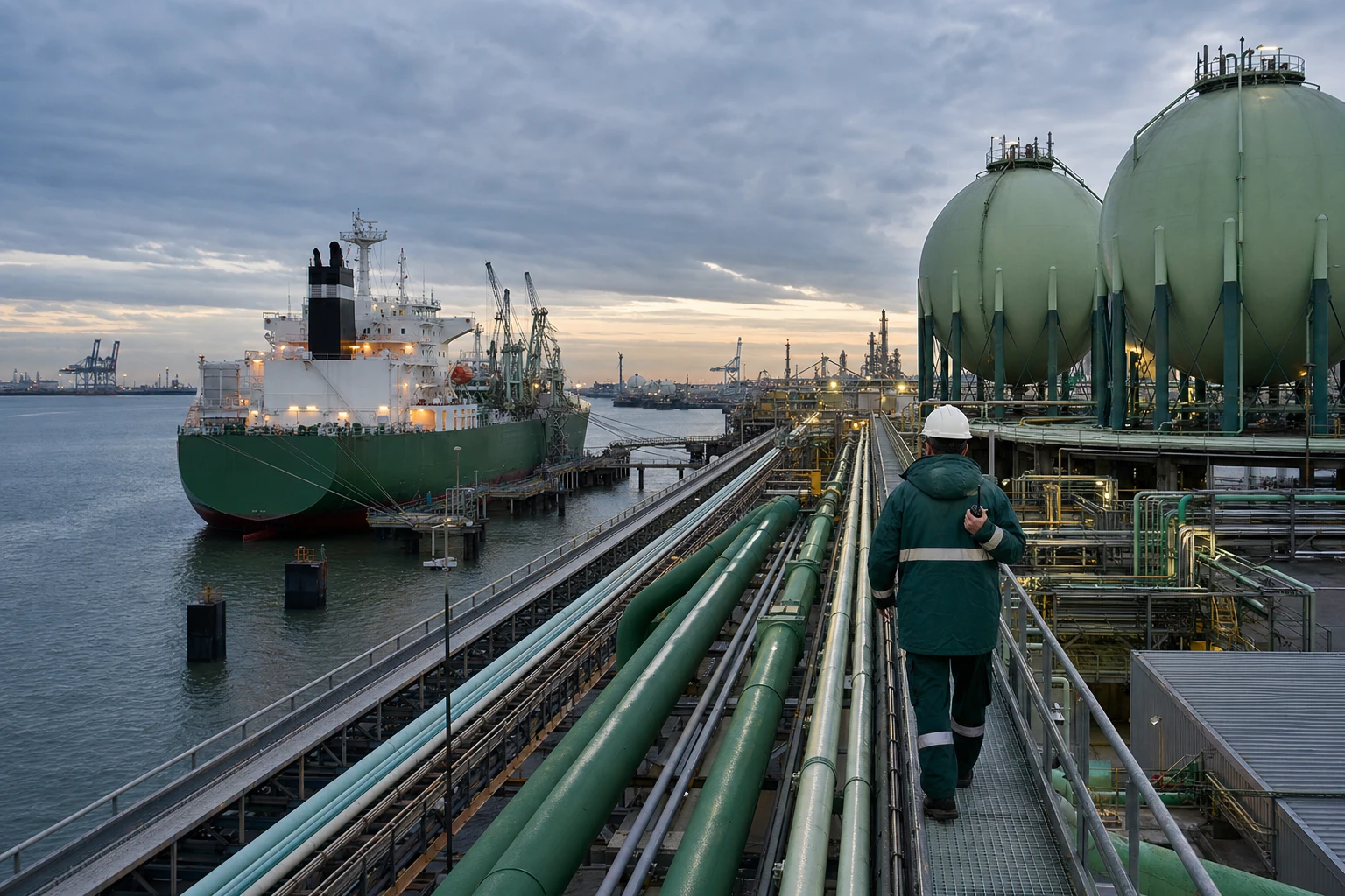 An ammonia import terminal with spherical tanks and a tanker unloading at the port