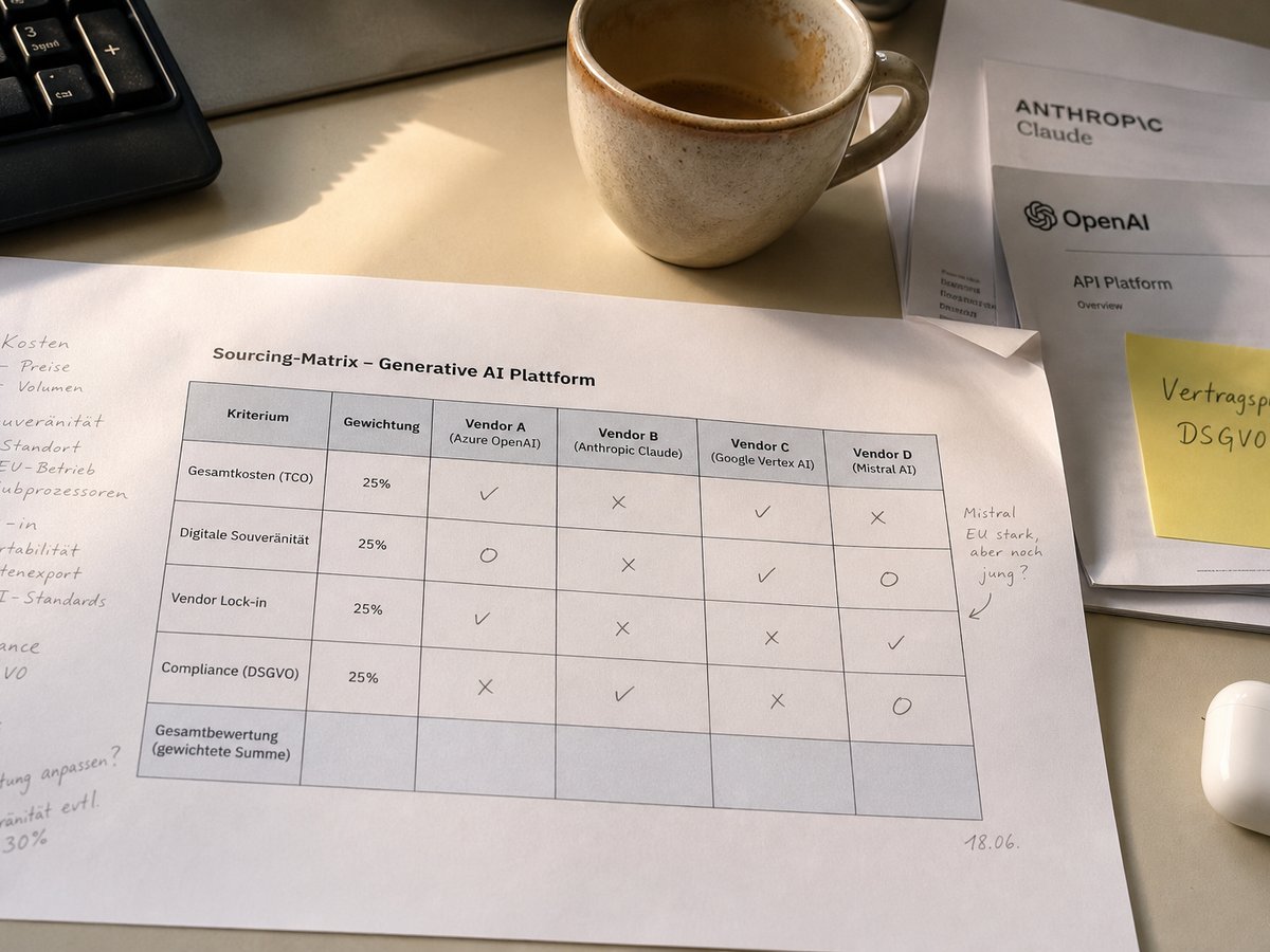 Printed sourcing matrix on a desk in a European enterprise IT office with handwritten pencil ratings comparing four vendors on cost, sovereignty, lock-in and compliance