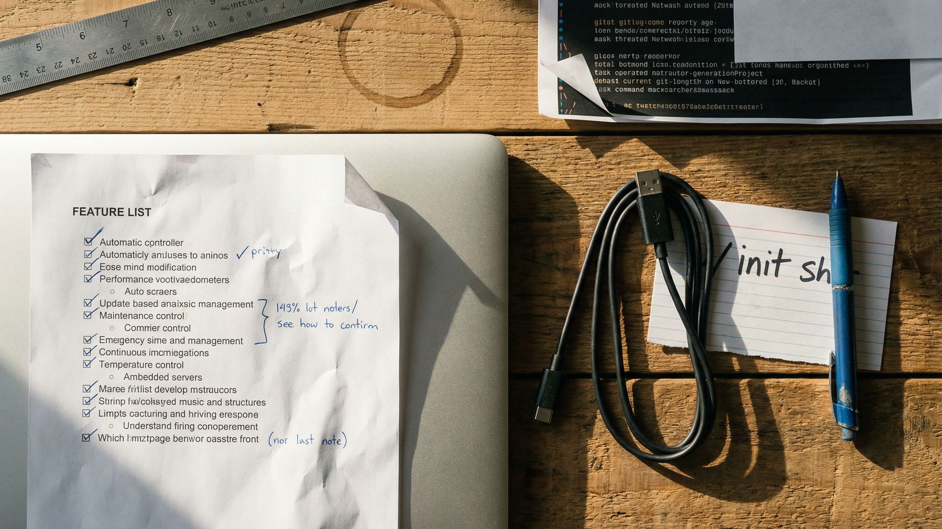 Workshop bench with printed feature list, marker, closed laptop and git log printout in raking morning light illustrating harness engineering around AI agents