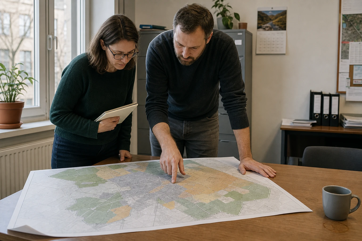 Two planners in a small municipal administration lean over a large-format heat plan map with colour-coded areas