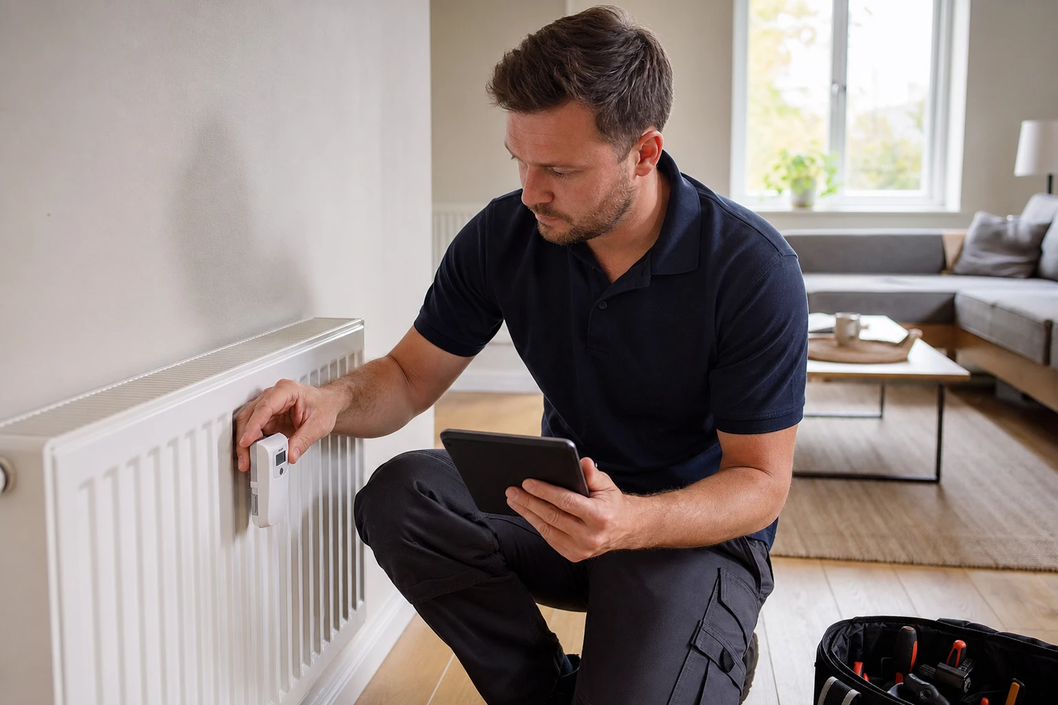 Metering service technician mounting a remote-readable heat cost allocator on a radiator in a flat, a tablet in hand