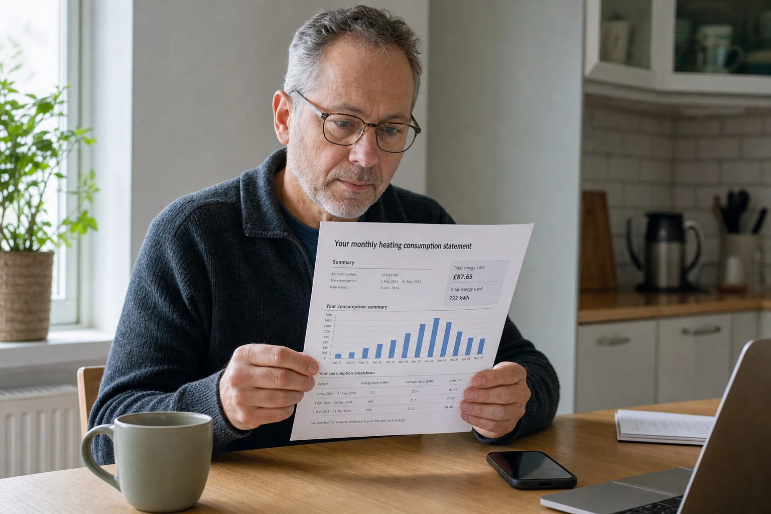 Resident at a kitchen table reading a printed monthly heating consumption statement with a bar chart