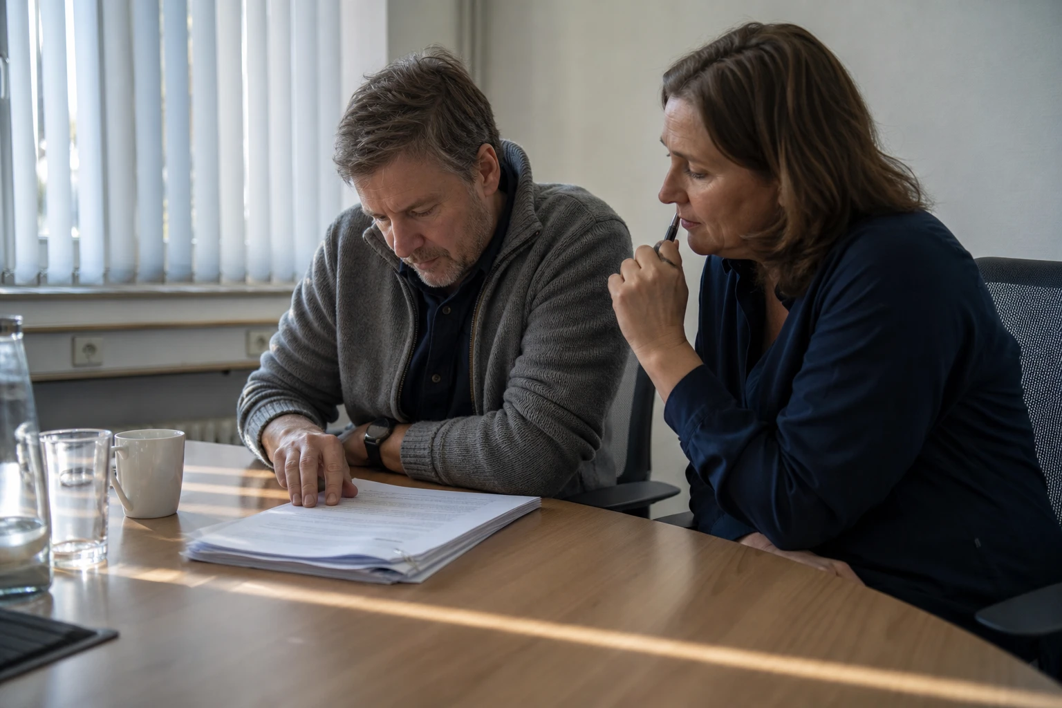 Two staff members at a German municipal utility sit at a meeting table working through a thick stack of printed regulatory documents