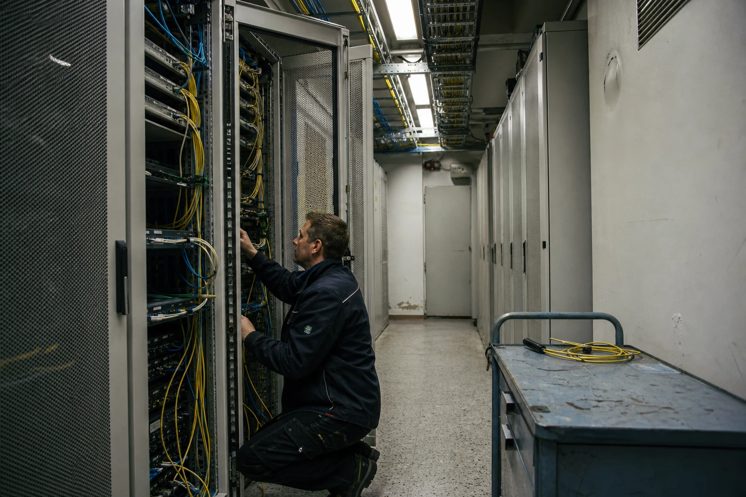 Technician kneeling at an open network cabinet in a utility equipment room, checking the cabling