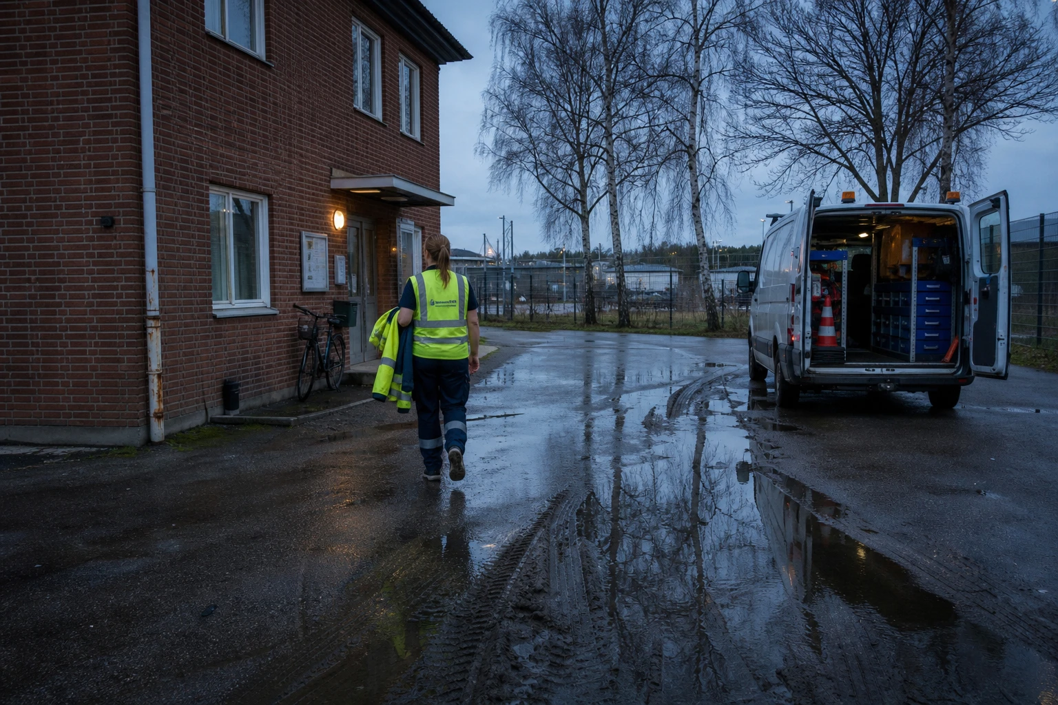 Utility worker in a high-visibility vest crossing the yard of a municipal utility depot towards the office building in the early evening