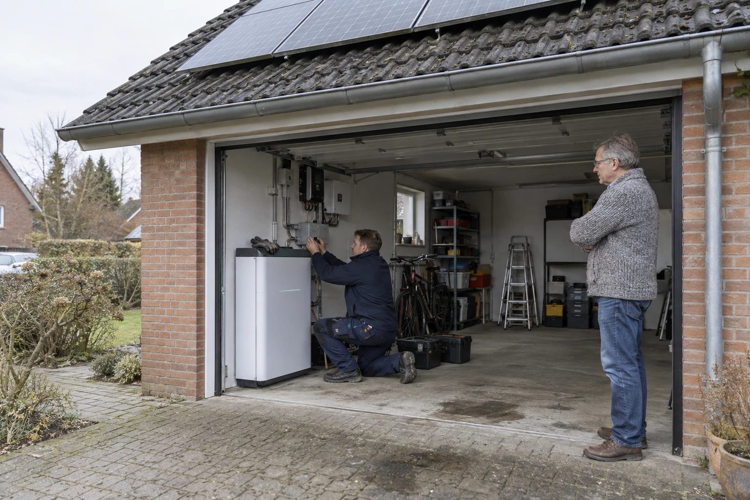 Utility service technician connects a control unit to a home battery in the garage of a detached house