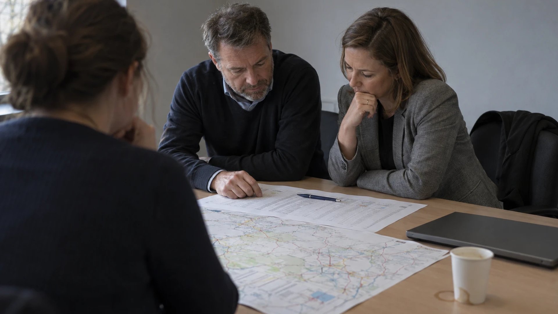 Head of grid operations and a company lawyer at a grid operator lean over a printed facility list and a network map in a meeting room