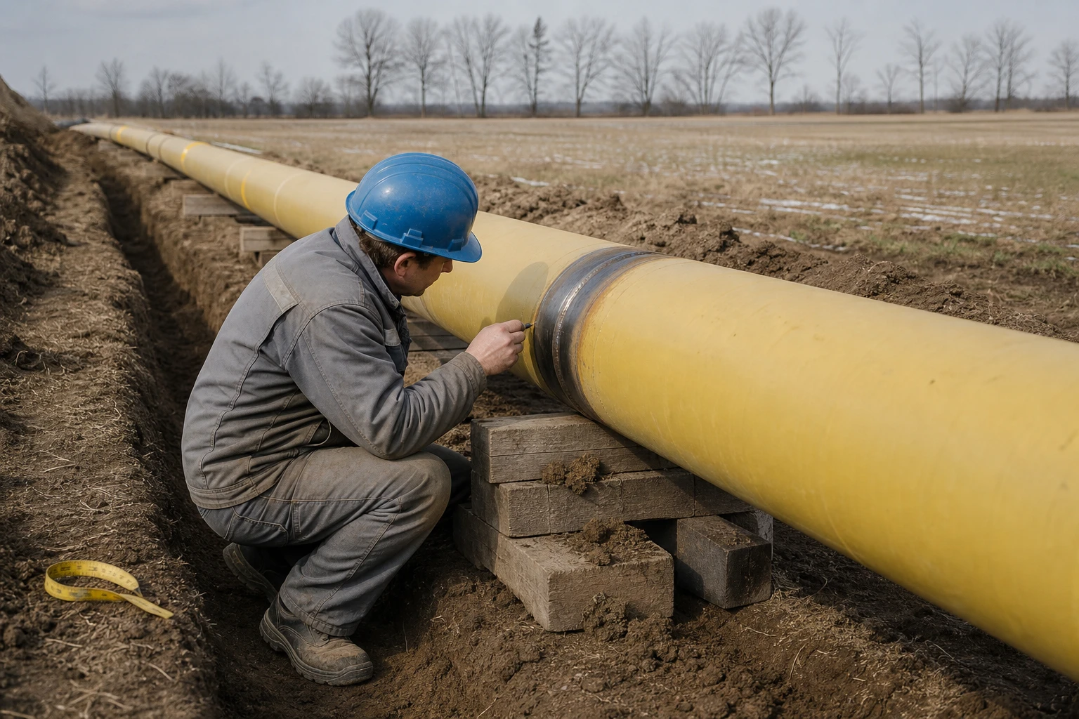 pipeline technician inspecting a weld on a newly laid yellow hydrogen pipeline on a field right-of-way