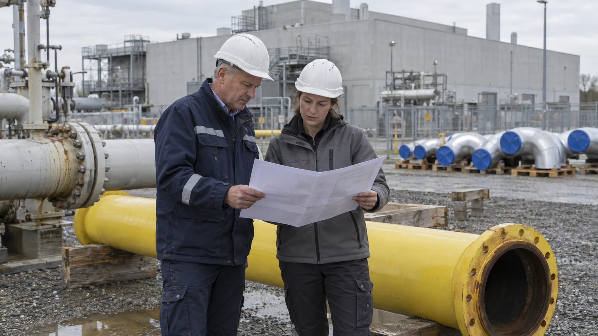 Two engineers in safety helmets review drawings at a compressor station in Lower Saxony being converted to hydrogen