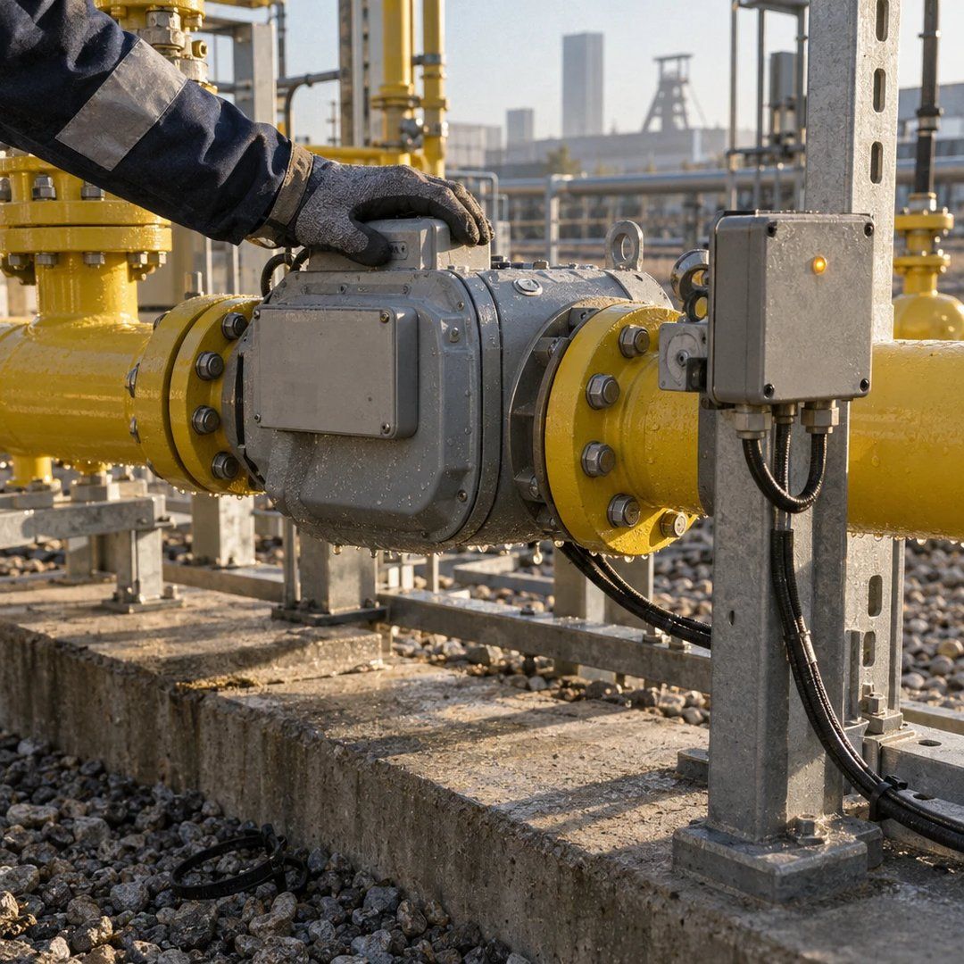 Gloved hand of a metering technician on an ultrasonic gas meter in a yellow pipeline at an industrial customer