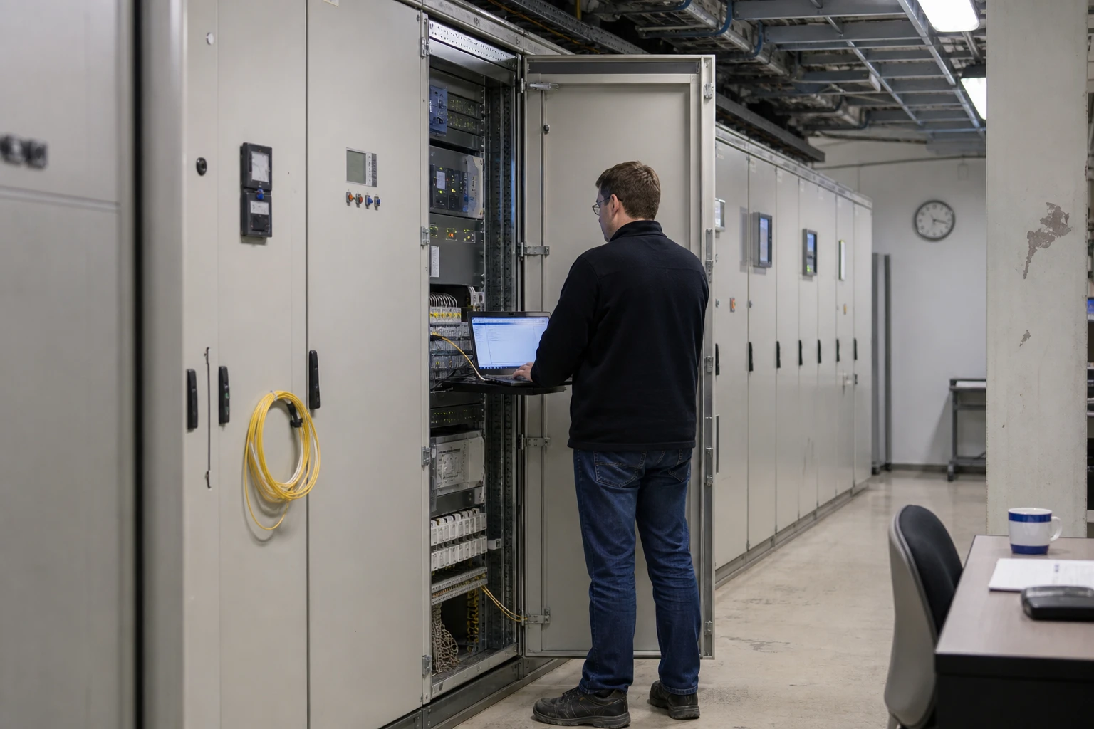 Protection engineer standing at a row of open grey steel control cubicles in the relay room of a substation, with protection relays, yellow fibre-optic patch cords and a laptop on a shelf