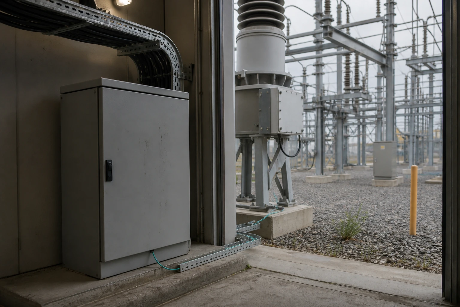 Compact grey steel enclosure at the base of an instrument transformer in a substation switchyard, with a thin fibre-optic cable running along a cable tray, the steel structure of the outdoor switchyard behind