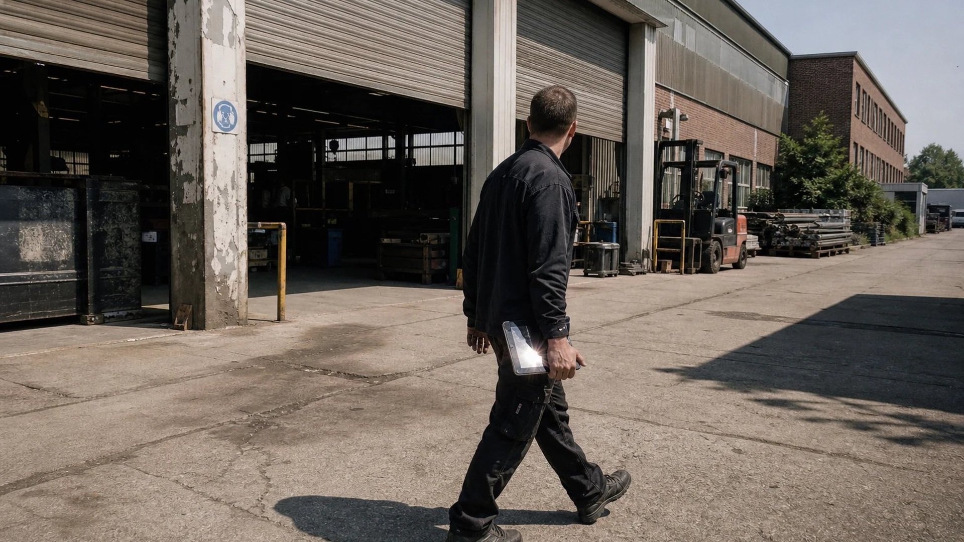 A worker with a rugged tablet crosses the concrete yard of a mid-sized German metalworking company with half-open roller doors in harsh midday light