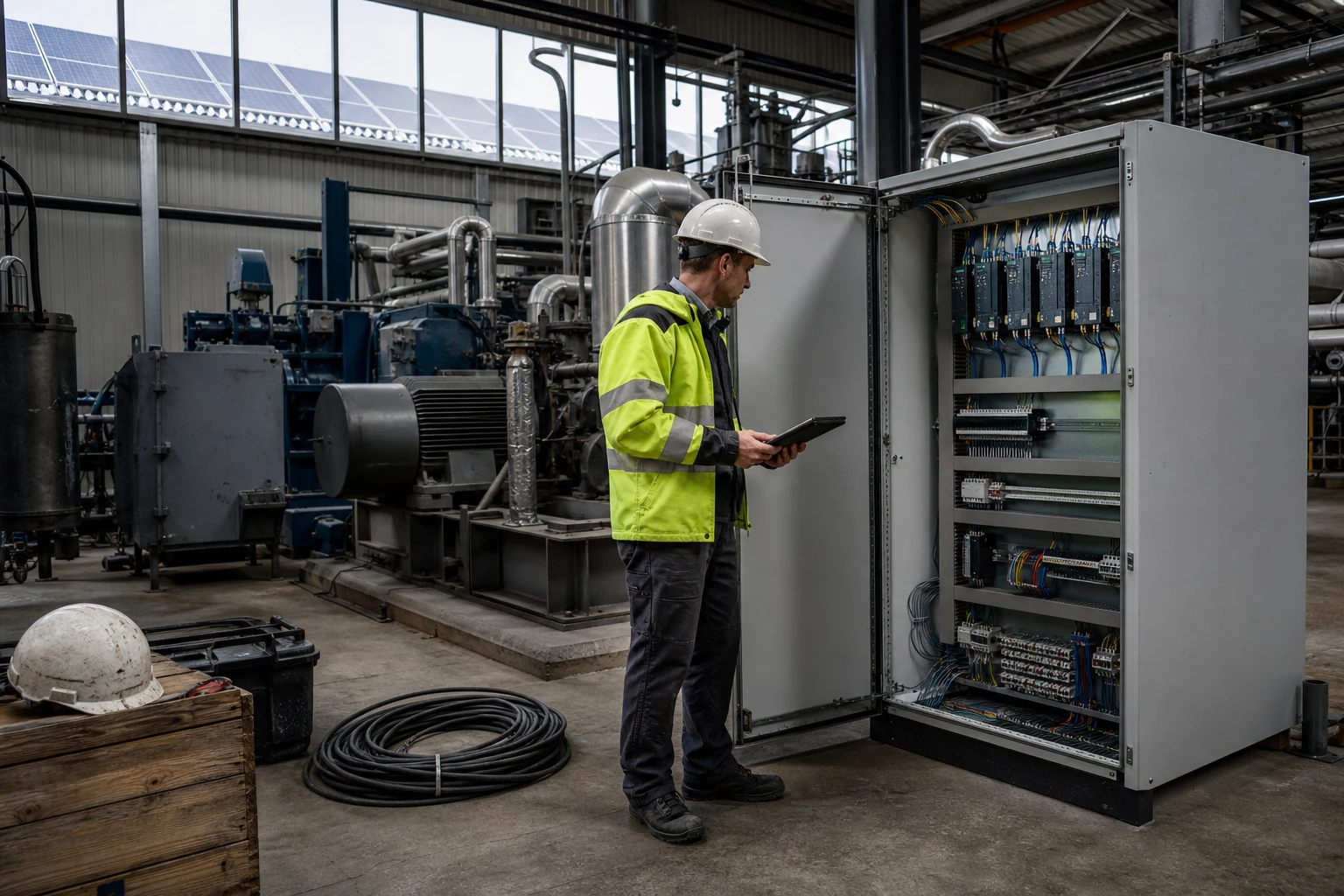Technician with a tablet stands at an open grey efficiency and control cabinet next to heavy production machinery in an industrial hall, with a rooftop solar array visible through the skylights