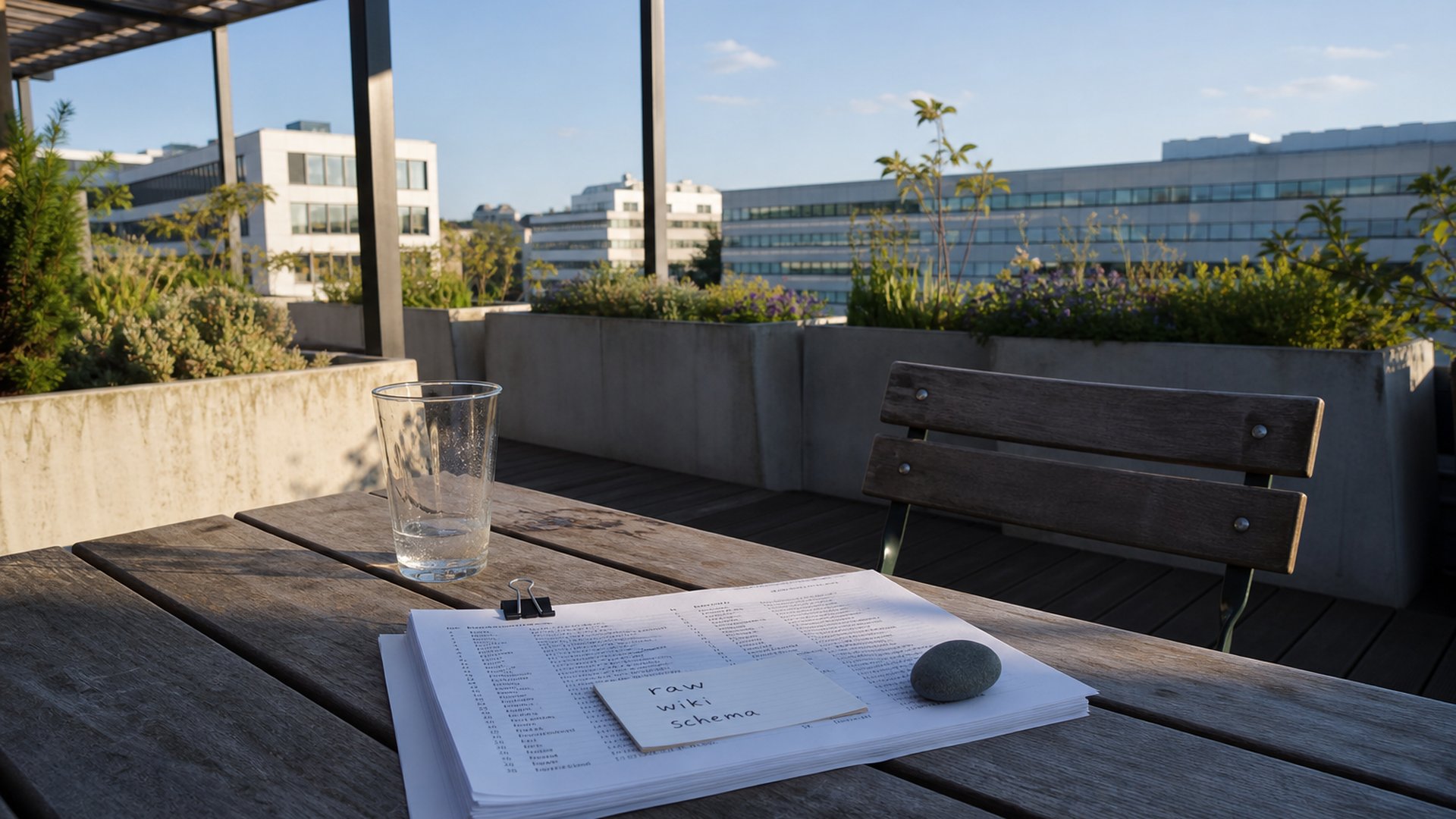 Outdoor terrace at a Munich tech office campus with stacked wiki index printouts and a handwritten index card reading raw wiki schema next to an empty wooden chair in late afternoon light