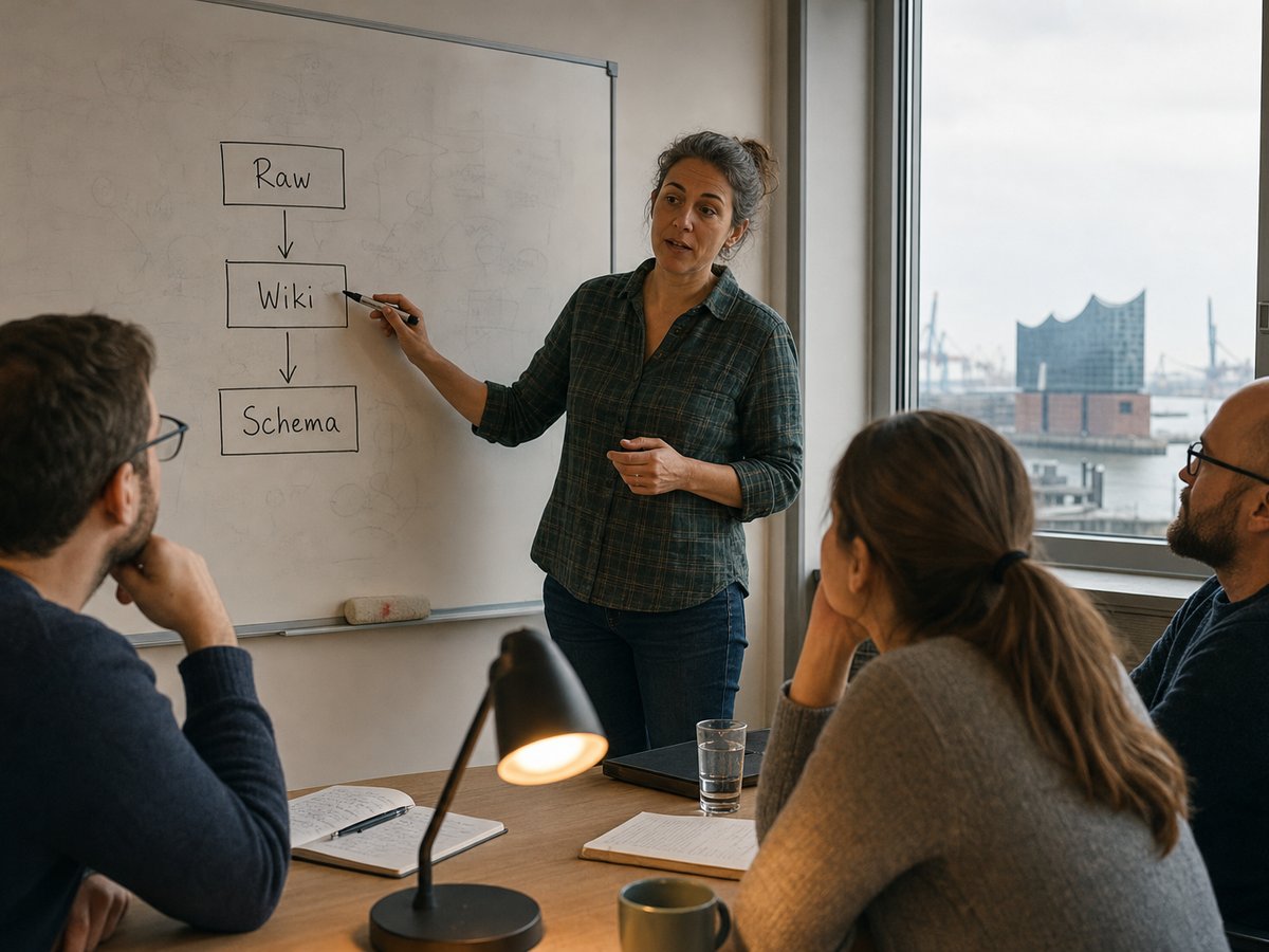Software architect sketches the three boxes Raw, Wiki, and Schema with connecting arrows on a whiteboard in a Hamburg engineering room