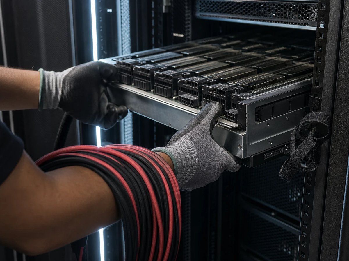 Gloved hands slide a GPU sled into an open server rack, power and network cables draped over one arm.