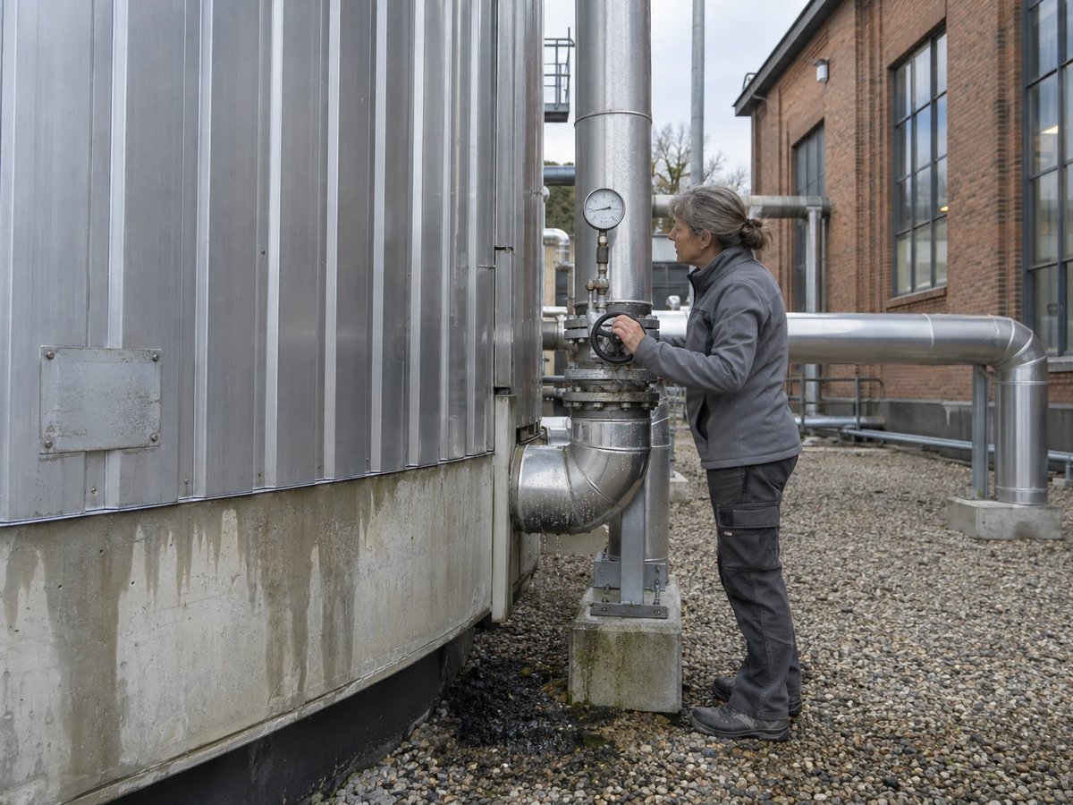 Technician reads a pressure gauge at the foot of a heat storage tank next to a CHP plant hall, one hand on the valve