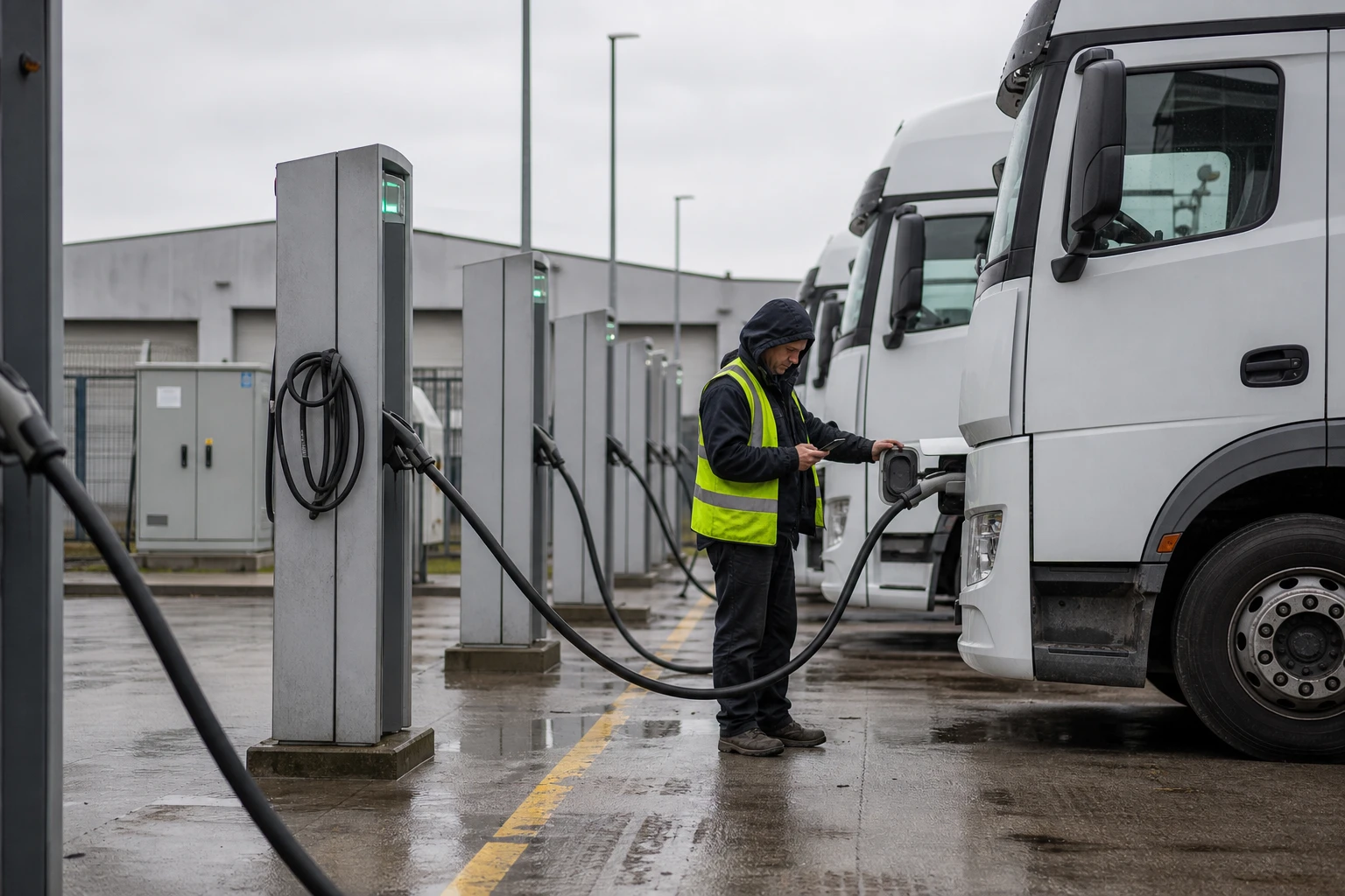 Logistics worker in a hi-vis vest stands on a depot yard beside a row of battery-electric trucks charging at grey charging pillars with thick cables