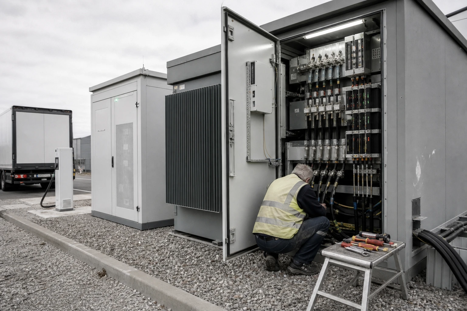 Electrician in a hi-vis vest inspects a cable termination in an open grey medium-voltage cabinet at a truck depot, with a transformer station and a slim battery storage container beside it and an electric truck at a charging pillar in the background