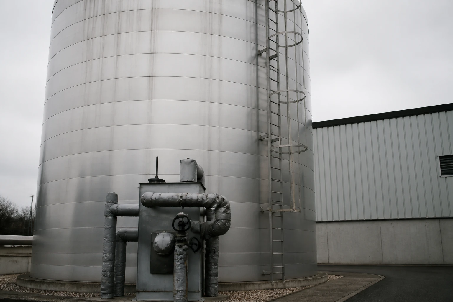 Large cylindrical insulated thermal storage tank in an energy yard, with a valve station of insulated pipes at its base