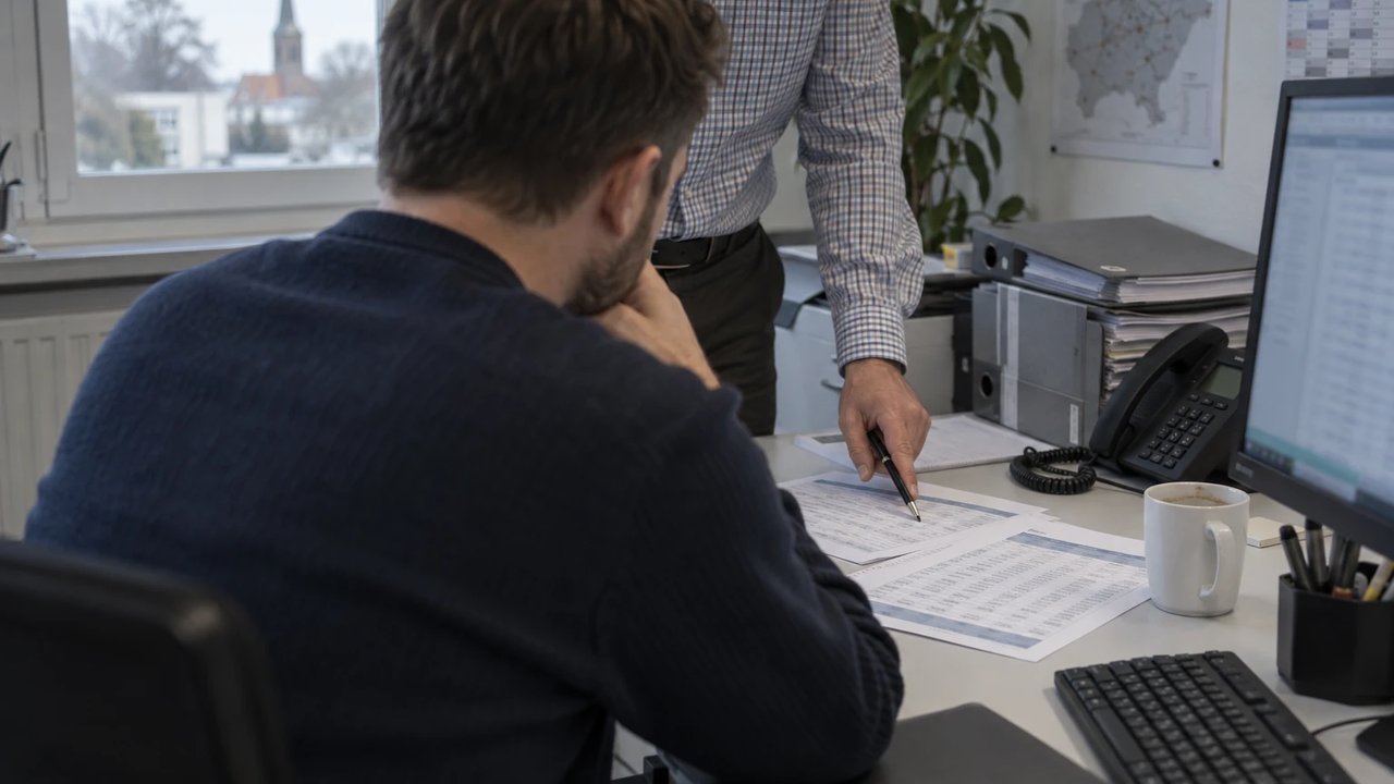 Two people from a municipal utility's pricing team go through a printed price sheet at a desk