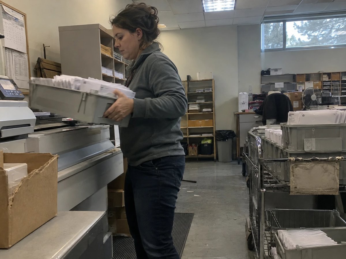 A clerk in a regional utility's mailroom lifts a tray of franked letters off the franking machine