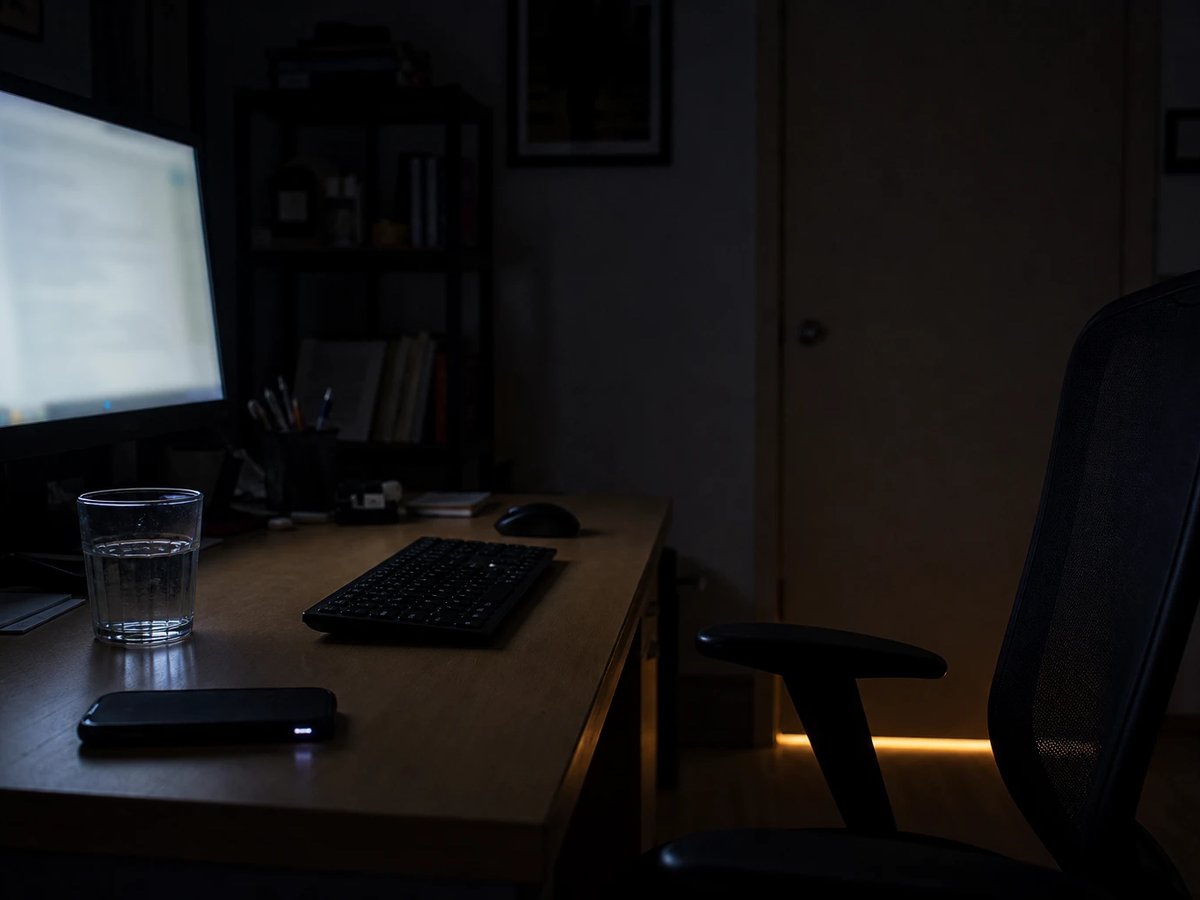 An empty desk at night with a monitor left on and a vacant office chair, an image for an AI loop running unattended