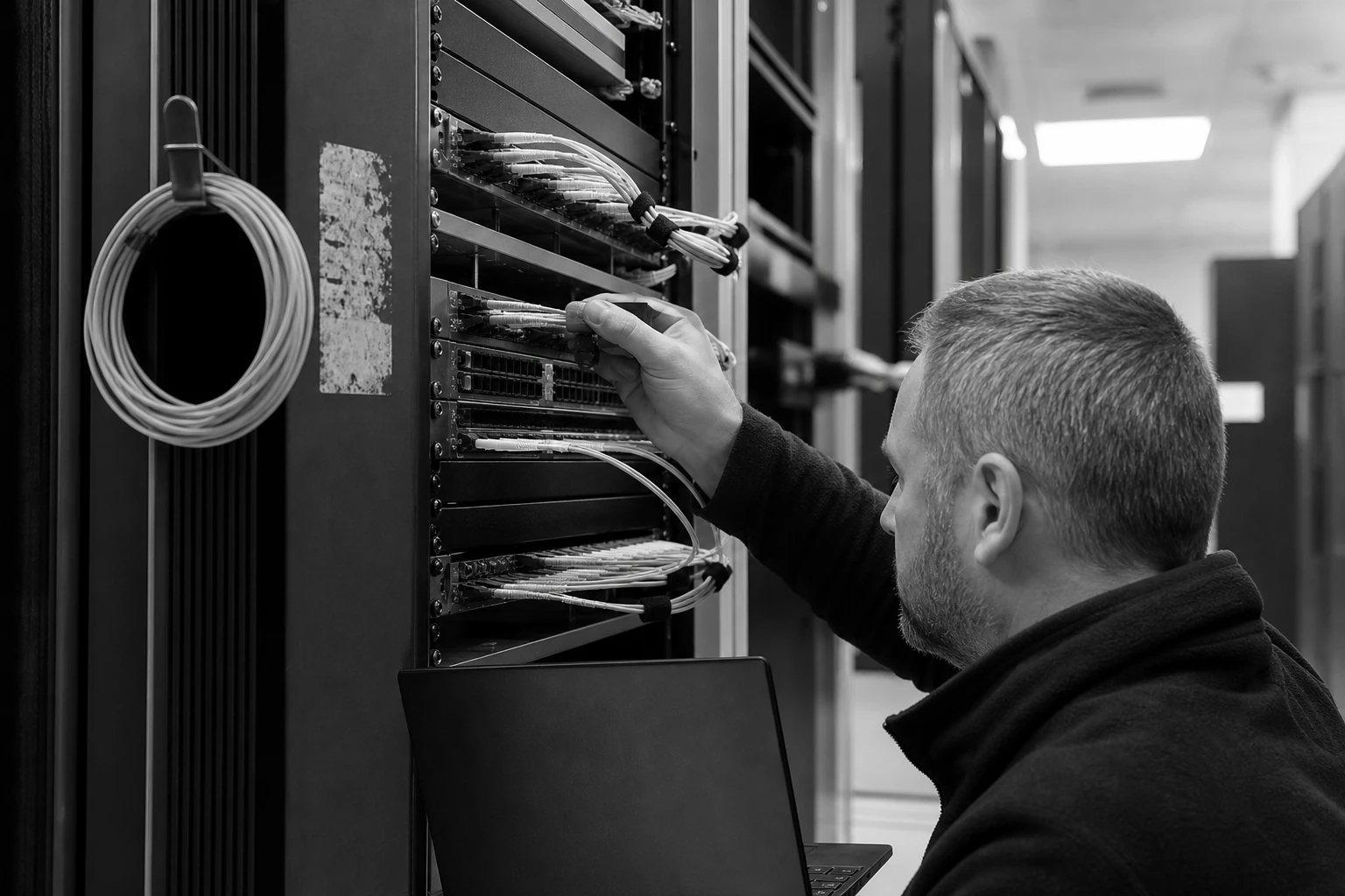 A technician at a fibre-optic patch panel in a central data facility plugging a connector into a switch with neatly bundled cables