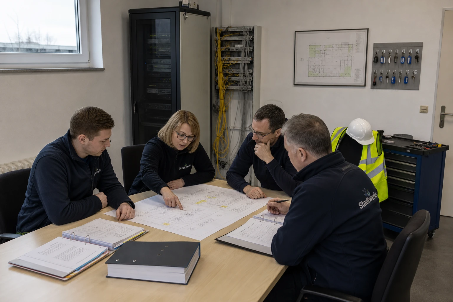 A small team in a German municipal utility operations room reviewing printed process maps and ring binders beside a server cabinet and patch panel