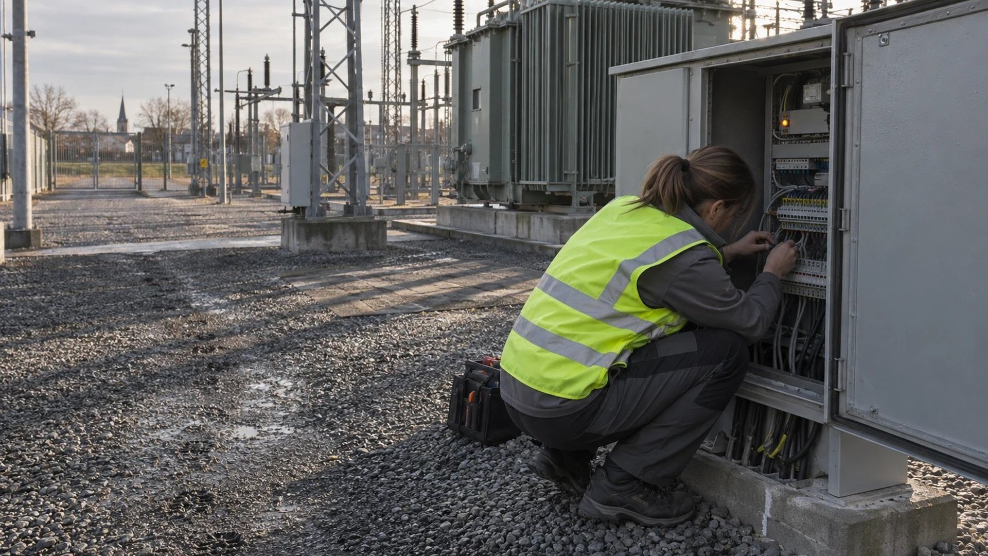Technician at a German grid company works on an open marshalling cabinet in a substation yard next to the transformer bay