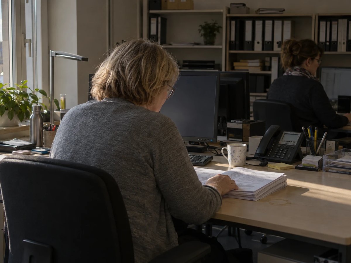 Clerk in the market communication back office of a German municipal utility working through a stack of printouts