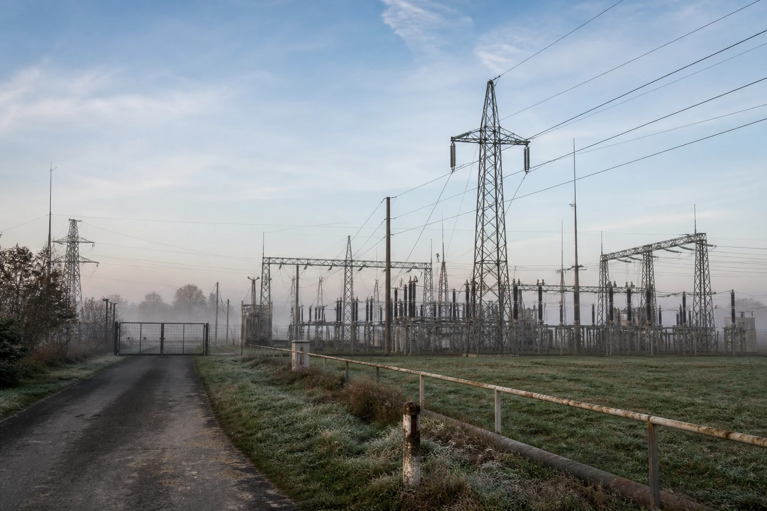 electrical substation with pylons and overhead lines in a misty morning landscape, power lines running out of the frame in several directions