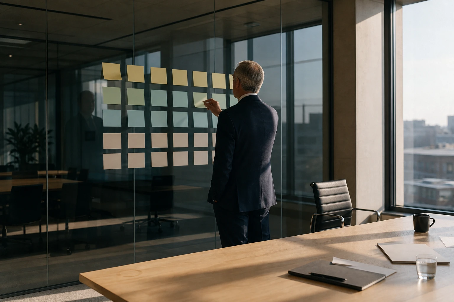 An executive alone in a glass-walled meeting room arranges a grid of blank cards, an image for decision rights and AI architecture.