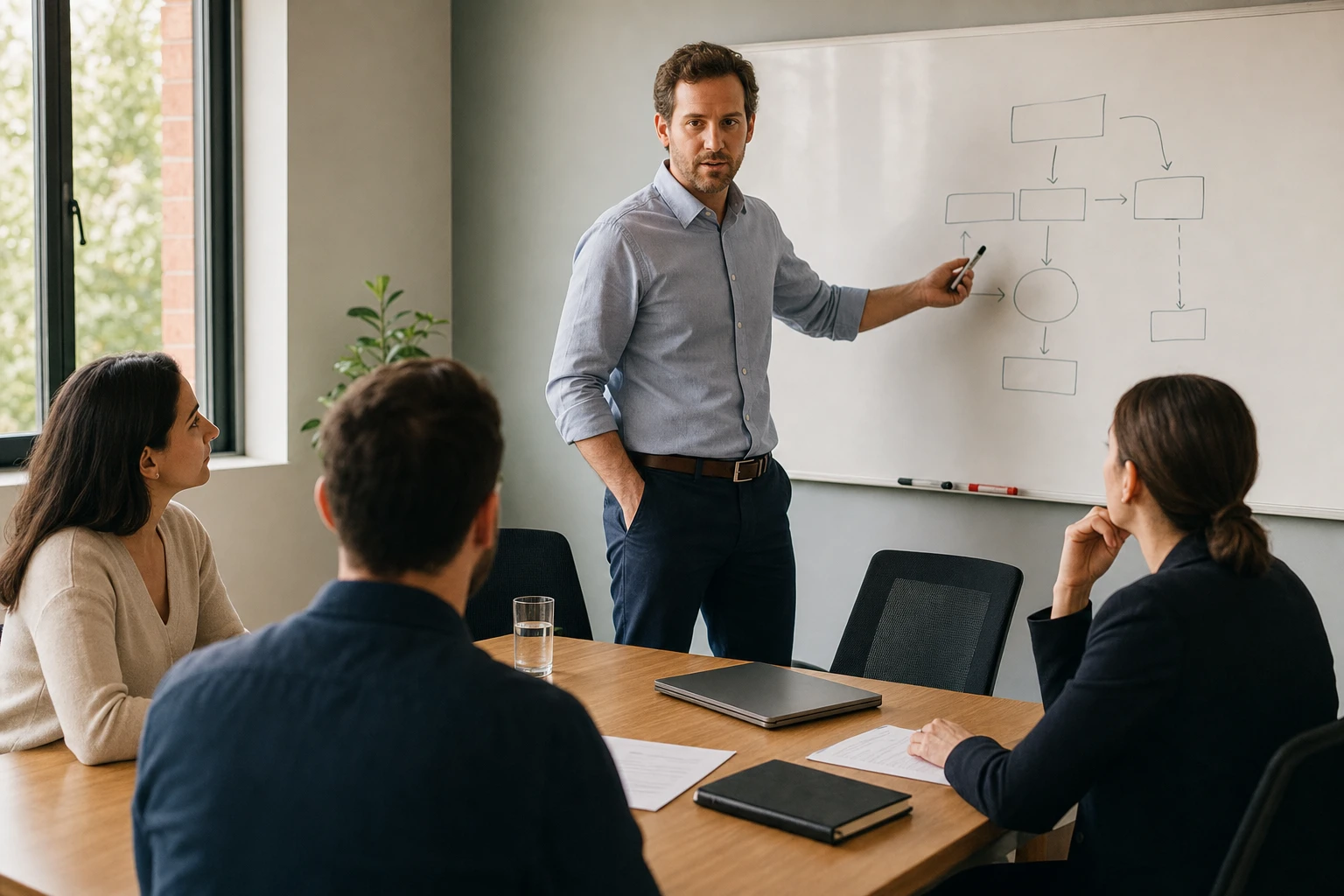 An accountable manager explains an abstract process diagram on a whiteboard to three colleagues, an image for a clear mandate.