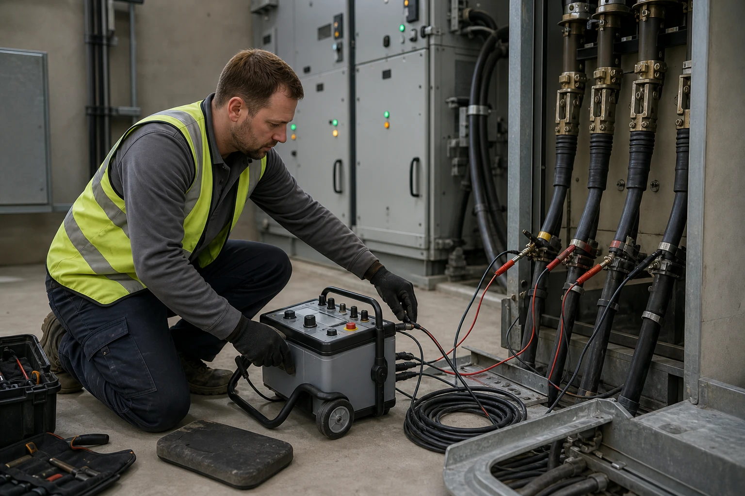 Technician in a hi-vis vest kneels in a substation next to a wheeled cable-diagnostics instrument whose measurement leads are clamped to the exposed conductors of a de-energised medium-voltage cable