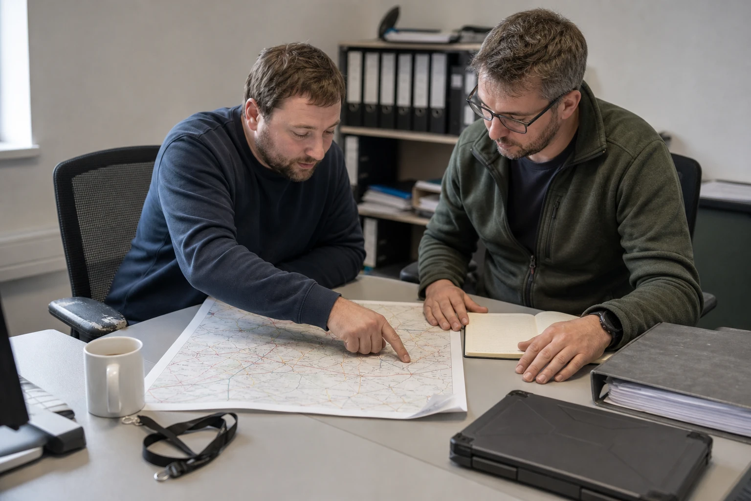 Two asset-management engineers sit at an office desk discussing a spread-out printed cable-network map whose lines and routes are oriented to read toward the two people