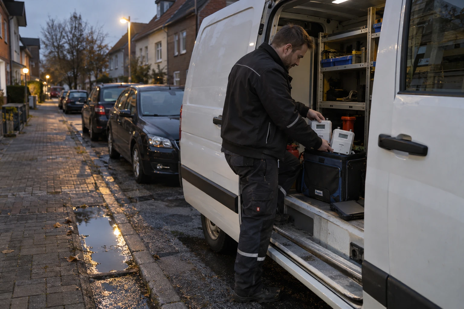 Technician sorts two boxed meters from the open service van into a carrying case at the kerb of a residential street in the morning light