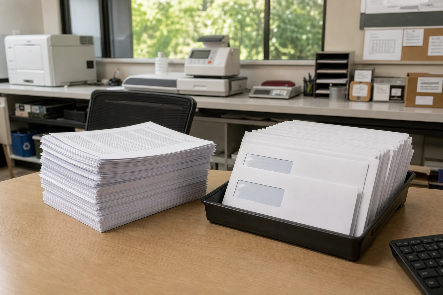 Desk with a stack of printed contracts and envelopes ready to be sent
