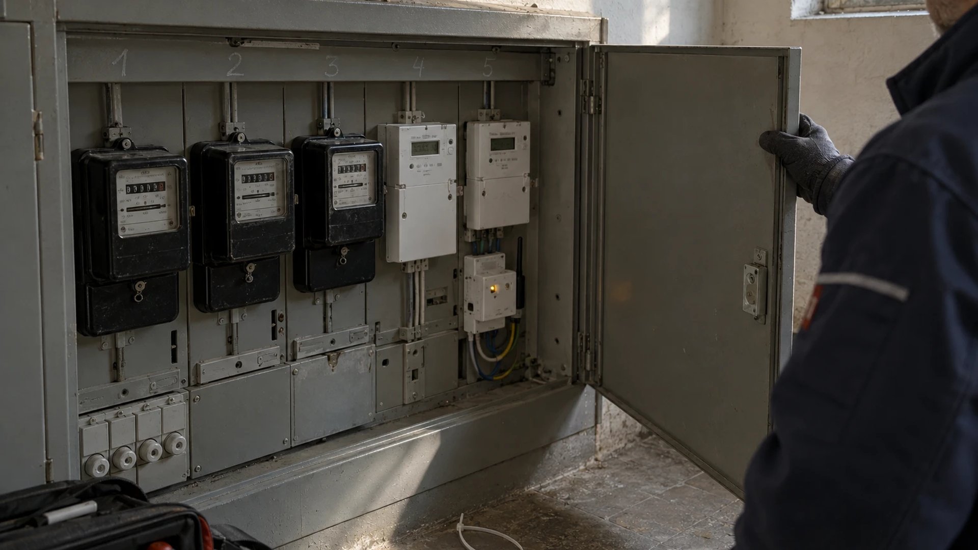 Open meter cabinet in an apartment block basement with old electromechanical meters and a smart meter gateway